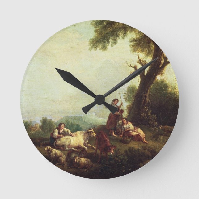 Landskap med bönder som tittar på en boskapsbesätt rund klocka (Framsida)