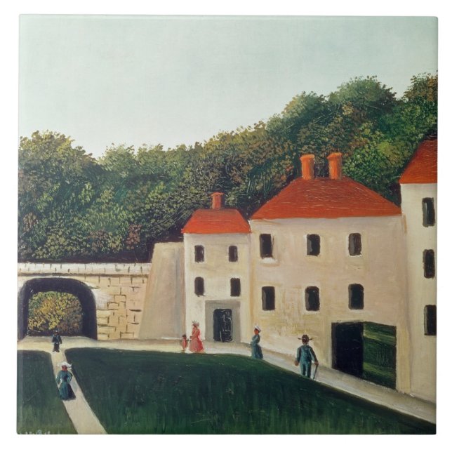 Landskap med en båge och tre hus, 1907 (olja kakelplatta (Framsidan)