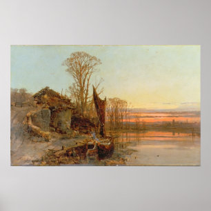 Landskap med en förstörd stuga på solnedgången poster