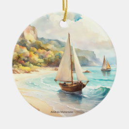 Landskap med hav och fraktaser julgransprydnad keramik