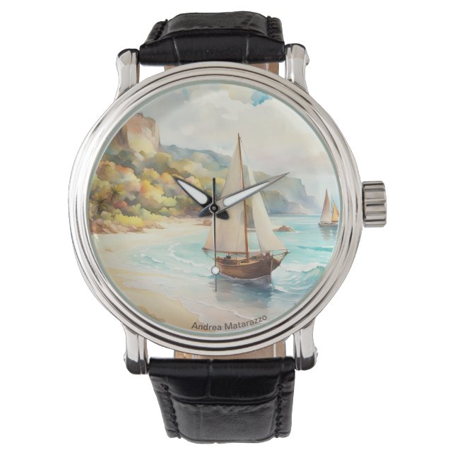 Landskap med hav och segelfartyg armbandsur (Framsida)
