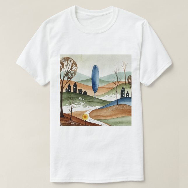 landskap med kullar och små hus t shirt (Design framsida)