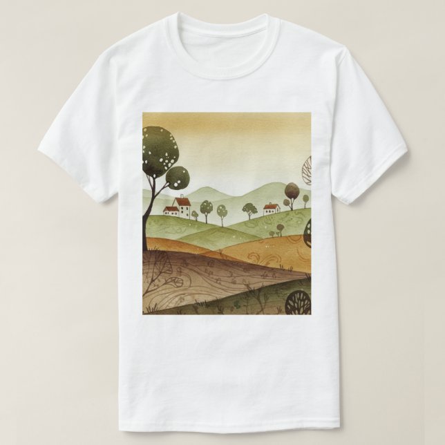 landskap med kullar och små hus t shirt (Design framsida)