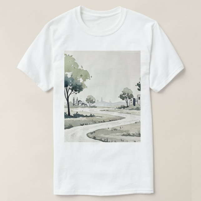 landskap med kullar och små hus t shirt (Design framsida)