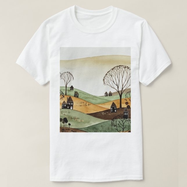 landskap med kullar och små hus t shirt (Design framsida)