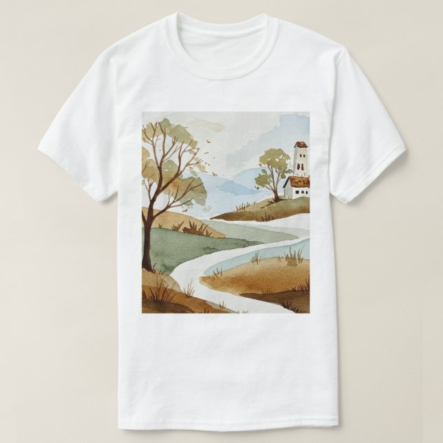landskap med kullar och små hus t shirt (Design framsida)