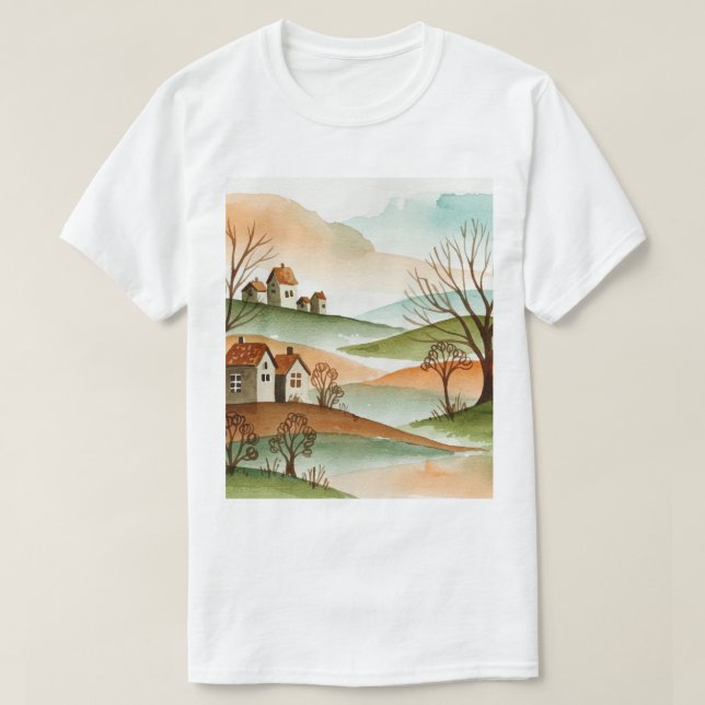 landskap med kullar och små hus t shirt (Design framsida)