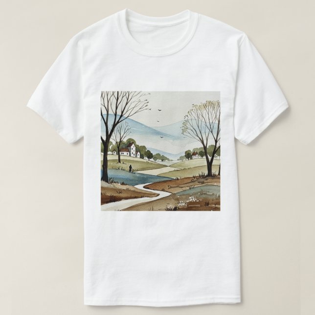 landskap med kullar och små hus t shirt (Design framsida)
