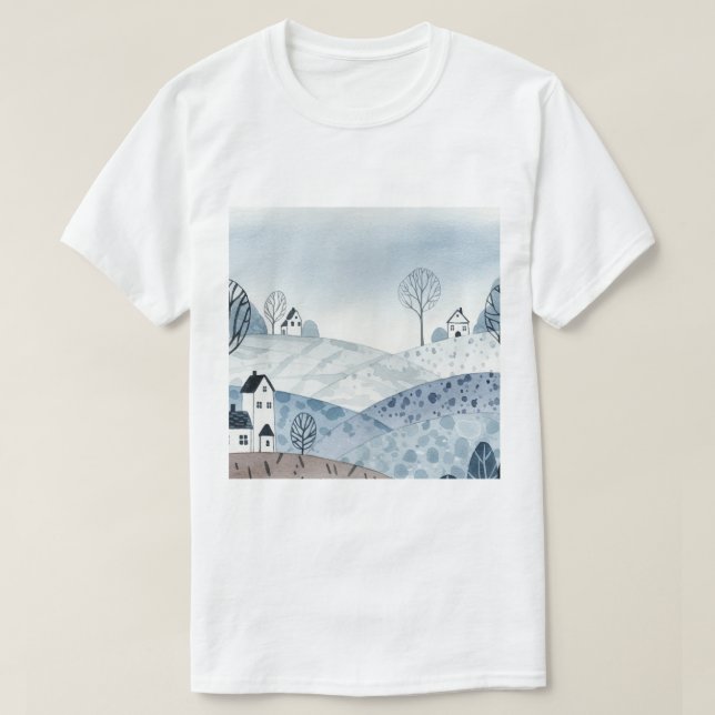 landskap med kullar och små hus t shirt (Design framsida)