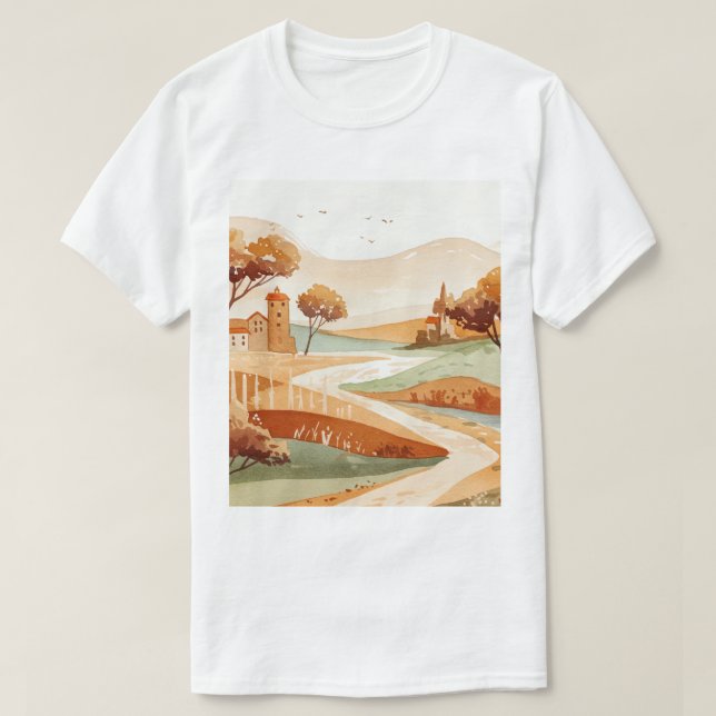 landskap med kullar och små hus t shirt (Design framsida)
