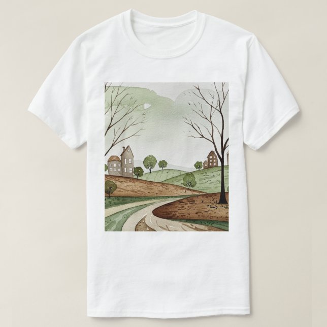 landskap med kullar och små hus t shirt (Design framsida)