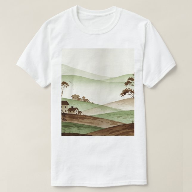 landskap med kullar och små hus t shirt (Design framsida)