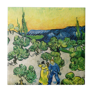 Landskap med promenerande par av Vincent van Gogh Kakelplatta