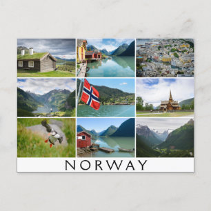 Landskap och text: "Norge" i kollage Vykort