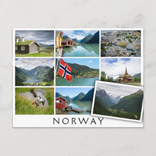 Landskap och text: "Norge" i kollage Vykort