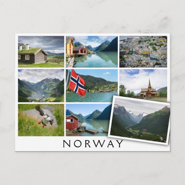 Landskap och text: "Norge" i kollage Vykort (Framsida)