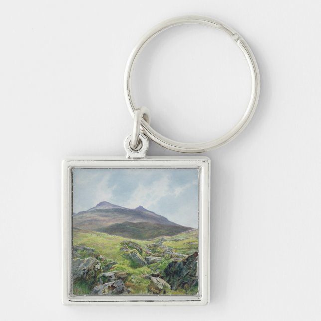 Landskap Snowdon Fyrkantig Silverfärgad Nyckelring (Framsidan)