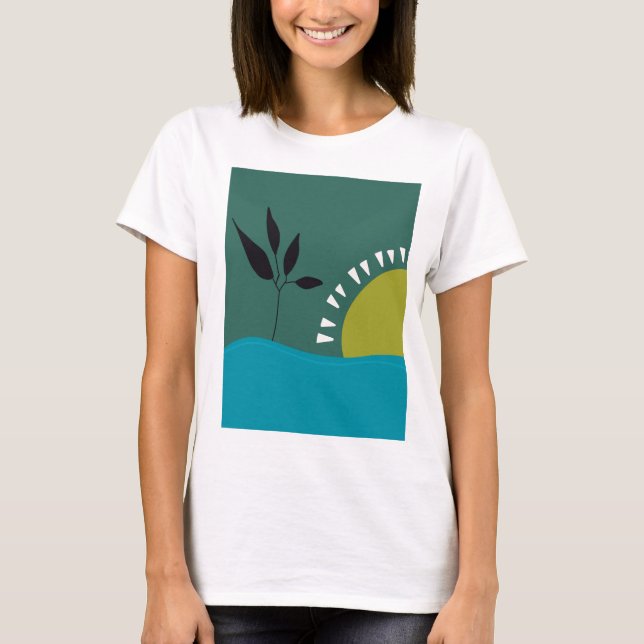 Landskap sol grön abstrakt färgrik konst trendig t shirt (Framsida)