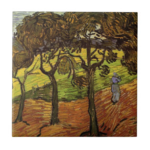 Landskap, träd och figurer av Vincent van Gogh Kakelplatta