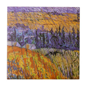 Landskap vid Auvers i regn av Vincent van Gogh Kakelplatta