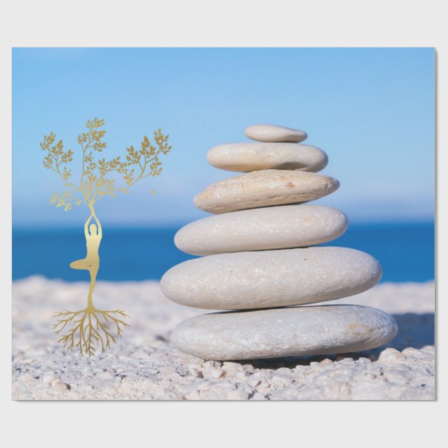 Landskap, Zen-stenar, Guldträd Siluett Presentpapper (Platt)