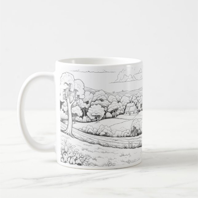 Landskapet på landsbygden i Sketch Stil Kaffemugg (Vänster)