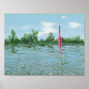 Landskapet sjö och vilden blommor vatten färg art poster