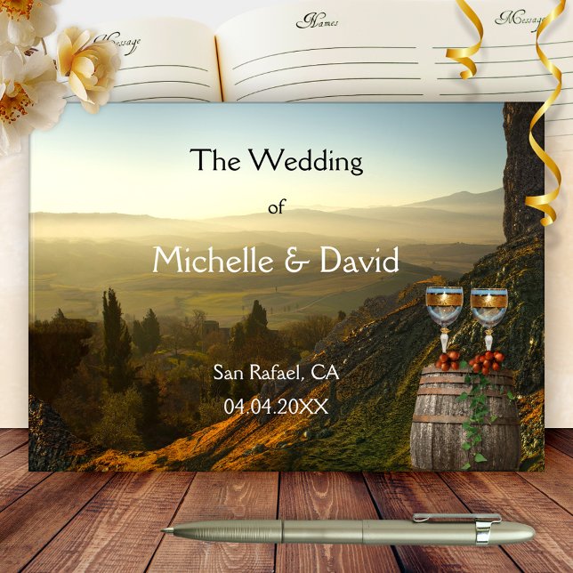 Landskapsbild Winery Vin Theme Bröllop Guest Bok (Vineyard, winery or wine themed wedding guest book showing a landscape with glasses on a wine barrel)
