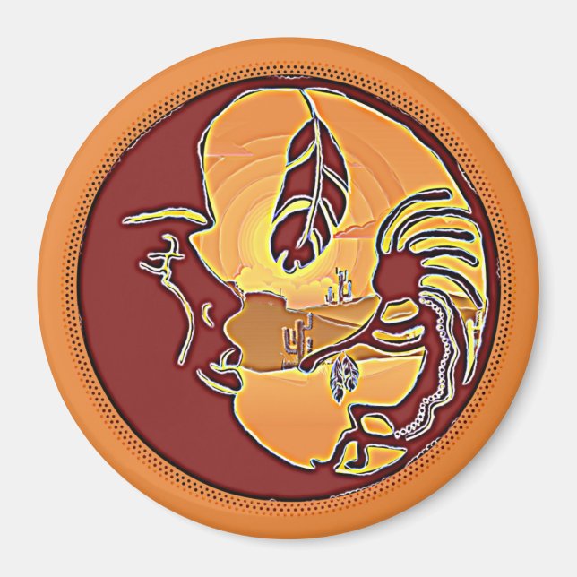 Landskapsknapp - Kokopelli Måne Feather 1 Magnet (Framsidan)