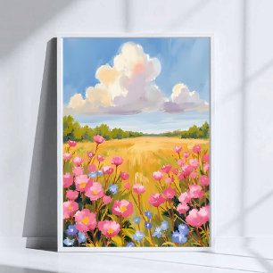 Landskapsmålning med rosa blomsterfält poster