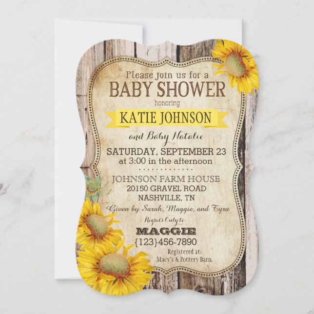 Landsolrosor och lantlig Wood baby shower Inbjudningar (Framsida)