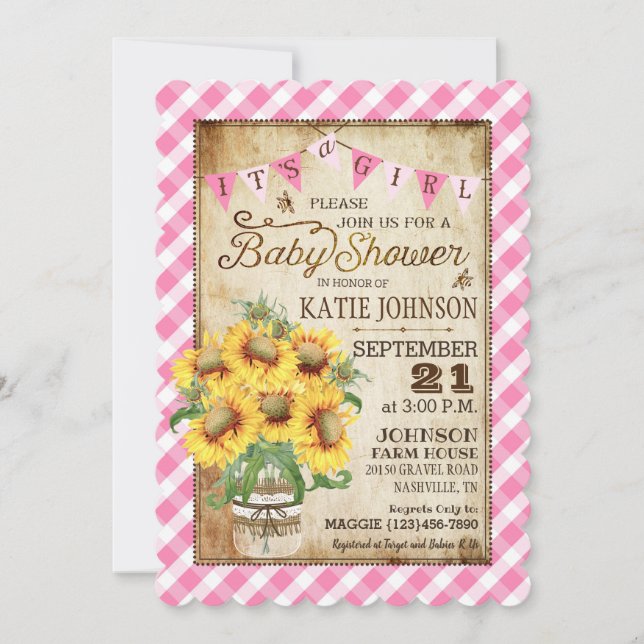 Landssolsångers flicka Gingham Check Baby Shower Inbjudningar (Framsida)