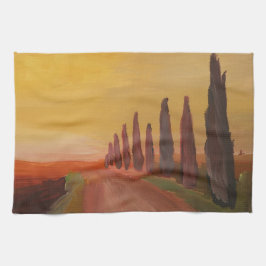 Landväg i den Tuscany italien på solnedgången Kökshandduk