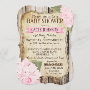 Landvanlig hortensia och lantlig Wood baby shower Inbjudningar