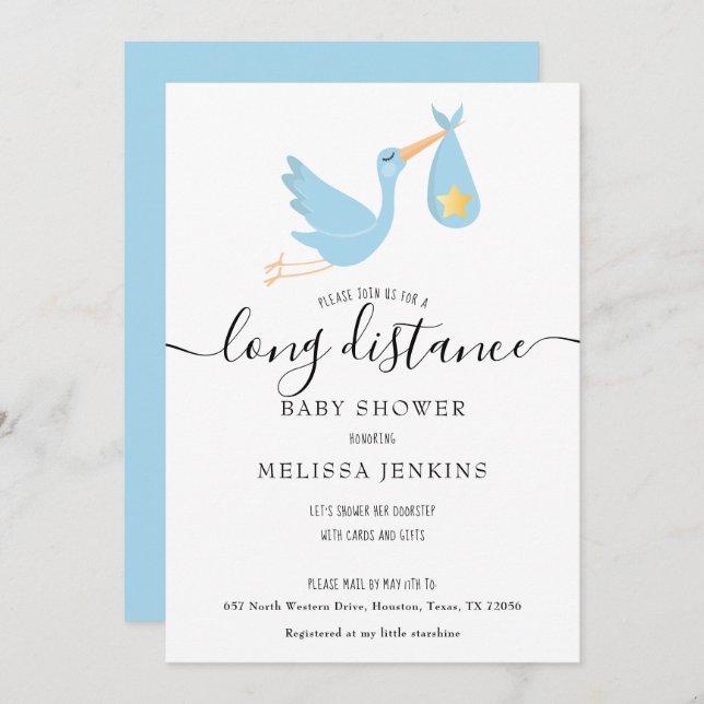 Lång Avstånd visningsprogram efter Blåstork Inbjudningar (Fram/baksida)