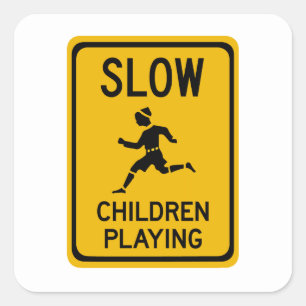 Lång - Barn spelar, Traffic Warning Sign, USA Fyrkantigt Klistermärke