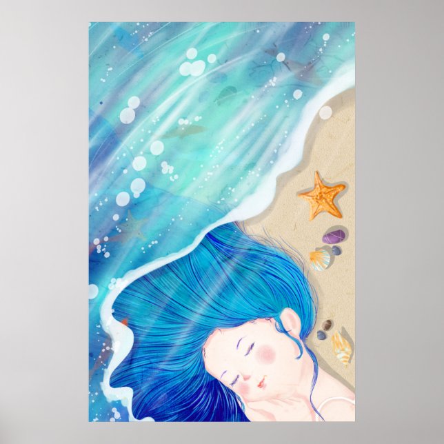 Lång blåaktig vengelstöpning på stranden poster (Framsidan)