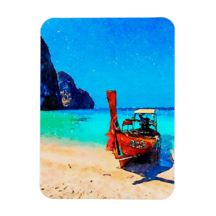 Lång svan-båt på thailändsk strand magnet