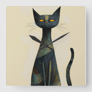 Lång svart katt Väggdekor Rolig minimalistisk Fyrkantig Klocka