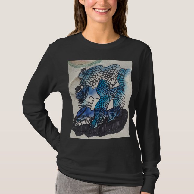 Långärmad Blå Fisk T-Shirt (Framsida)