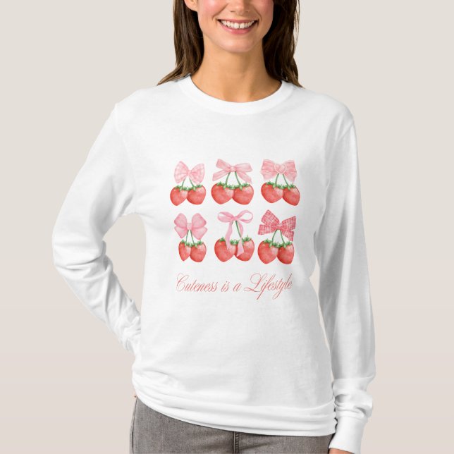 Långärmad för jordgubbsbär och Bows Kawaii Design T Shirt (Framsida)
