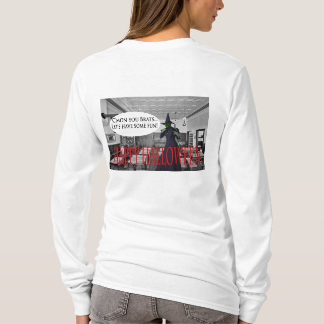 långärmad, kvinnogaranti, happy halloween häxkatt t shirt (Baksida)