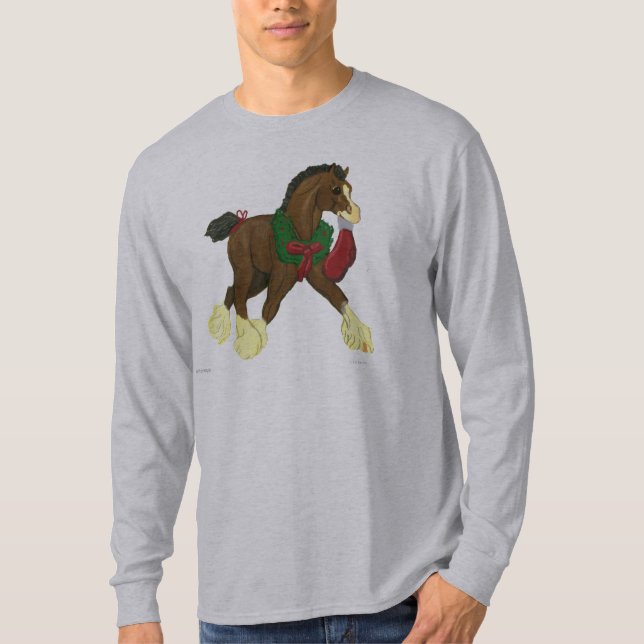 Långärmad T för Colt för julClydesdale häst Tee Shirt (Framsida)