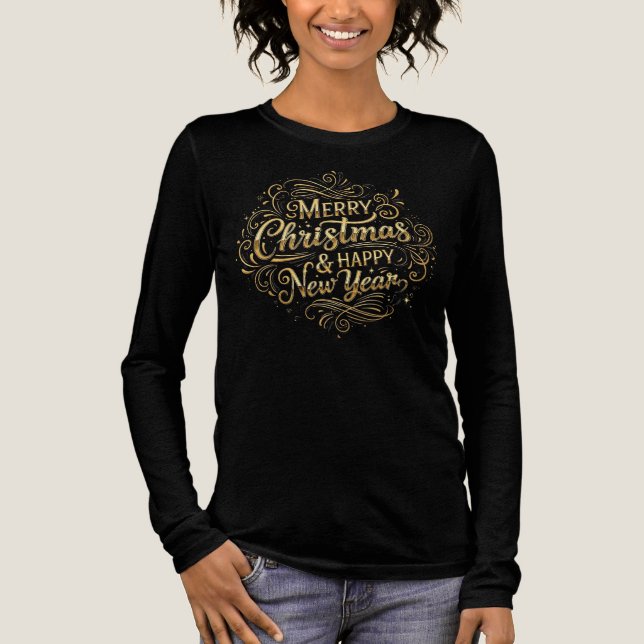 Långärmaden Luxury Black och Guld God jul T Shirt (Framsida)