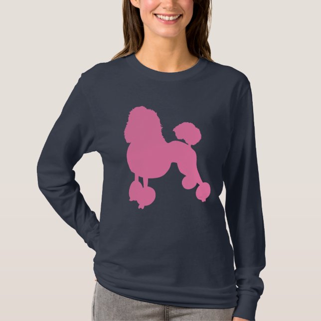 Långärmaden rosa PUDEL HUND, blå kvinnor T Shirt (Framsida)