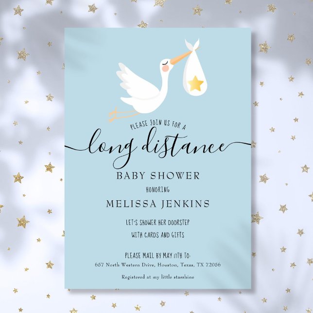 Långdistansdusch Sprinkle Via Post Stork Star Inbjudningar (Long Distance Shower Sprinkle By Mail Stork Star Invitation)