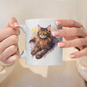 Långfärgad illustration av Tabby katt-vattenfärg i Kaffemugg