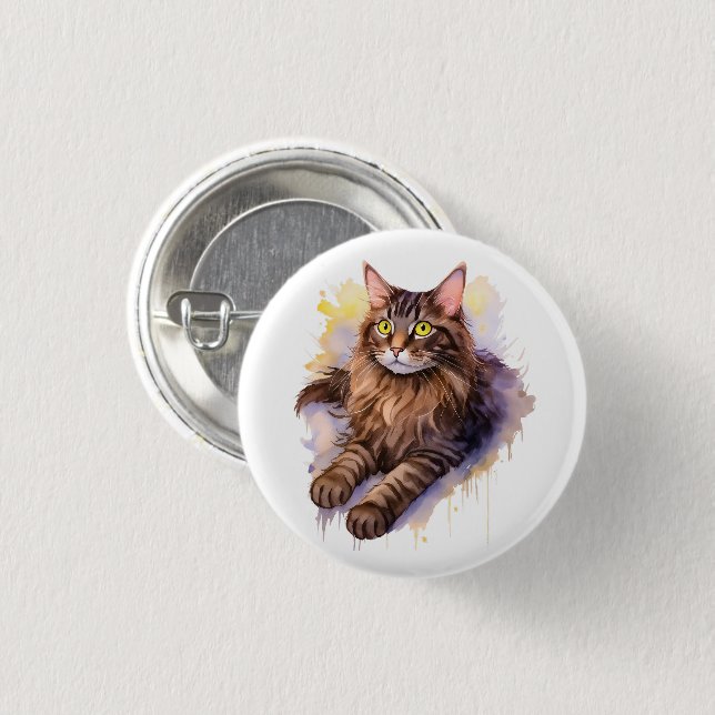 Långfärgad illustration av Tabby katt-vattenfärg i Knapp (Framsida & baksida)