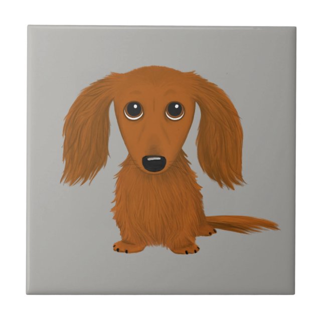 Långfärgad Red Dachshund | Cute Doxie Tecknad hund Kakelplatta (Framsidan)