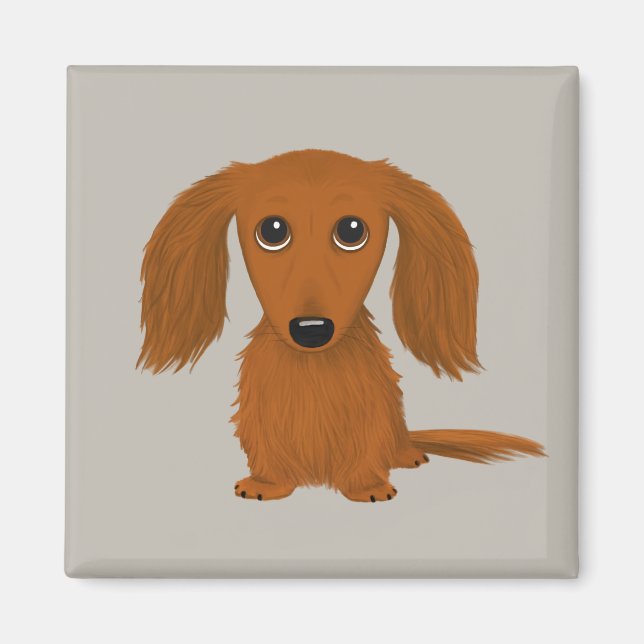 Långfärgad Red Dachshund | Cute Doxie Tecknad hund Magnet (Framsidan)